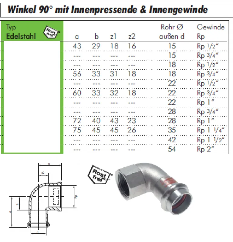 Winkel 90° mit Innenpressende & Innengewinde, Edelstahl, alle Größen